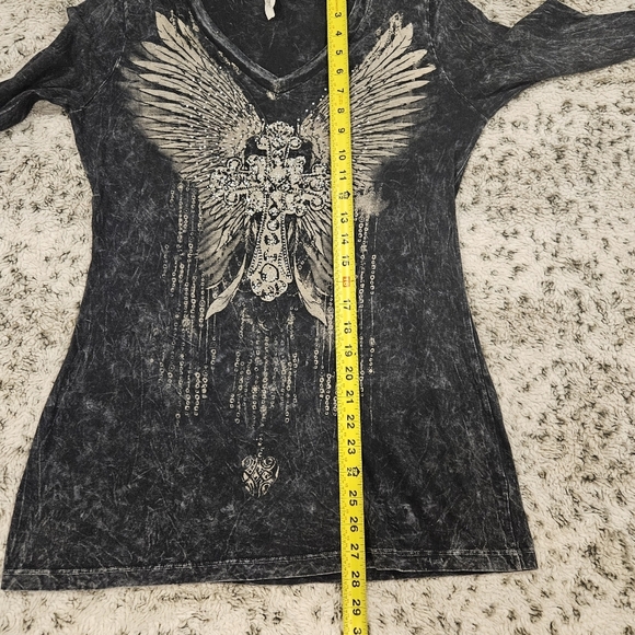 LIPSTICK SZ L Biker Punk Goth V-Neck Long Sleeve Cross Wings Embellished Shirt - Picture 8 of 10